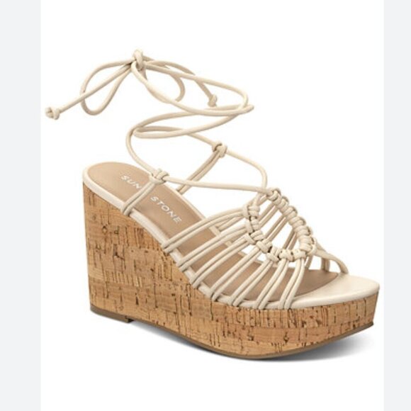 NEW Sun Stone Womens Tillyy Lace-Up Wedge  Eggshell 9M Cork Sandals - Picture 1 of 8